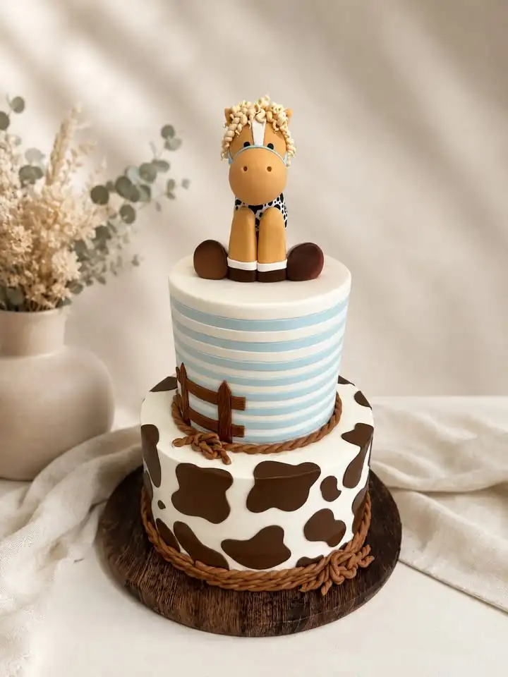 Moooo-ve over ordinary cakes… this one is too cute! 🐄🤎🐴Cow print, baby blue stripes, rustic rope details, a mini fence A...